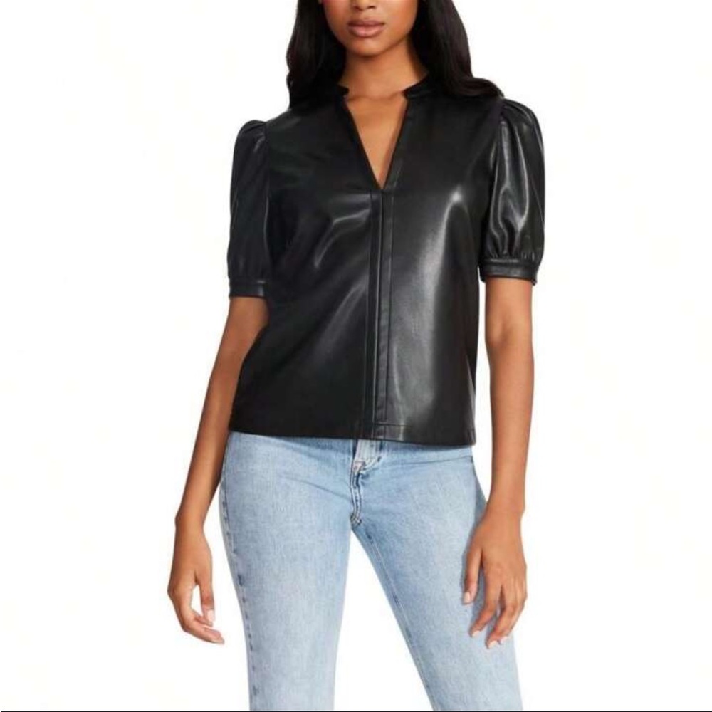 Steve Madden Black Faux Leather Puff Sleeve Top‎